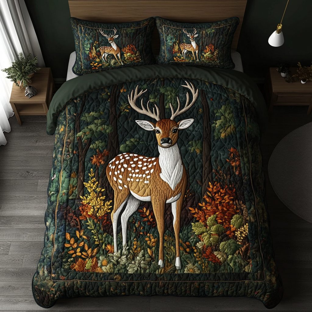 Silent Path quilted 3-piece bedding set on a made bed with two matching pillow shams