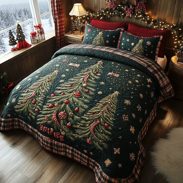 Silent Pines quilted 3-piece bedding set on a made bed with two matching pillow shams