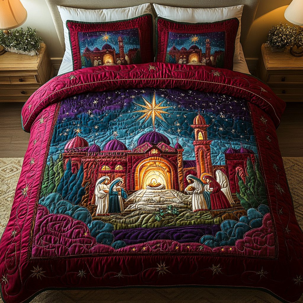 Silent Prayer quilted 3-piece bedding set on a made bed in a softly lit bedroom