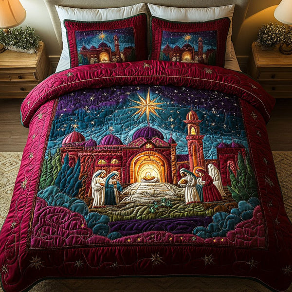 Silent Prayer quilted 3-piece bedding set on a made bed in a softly lit bedroom