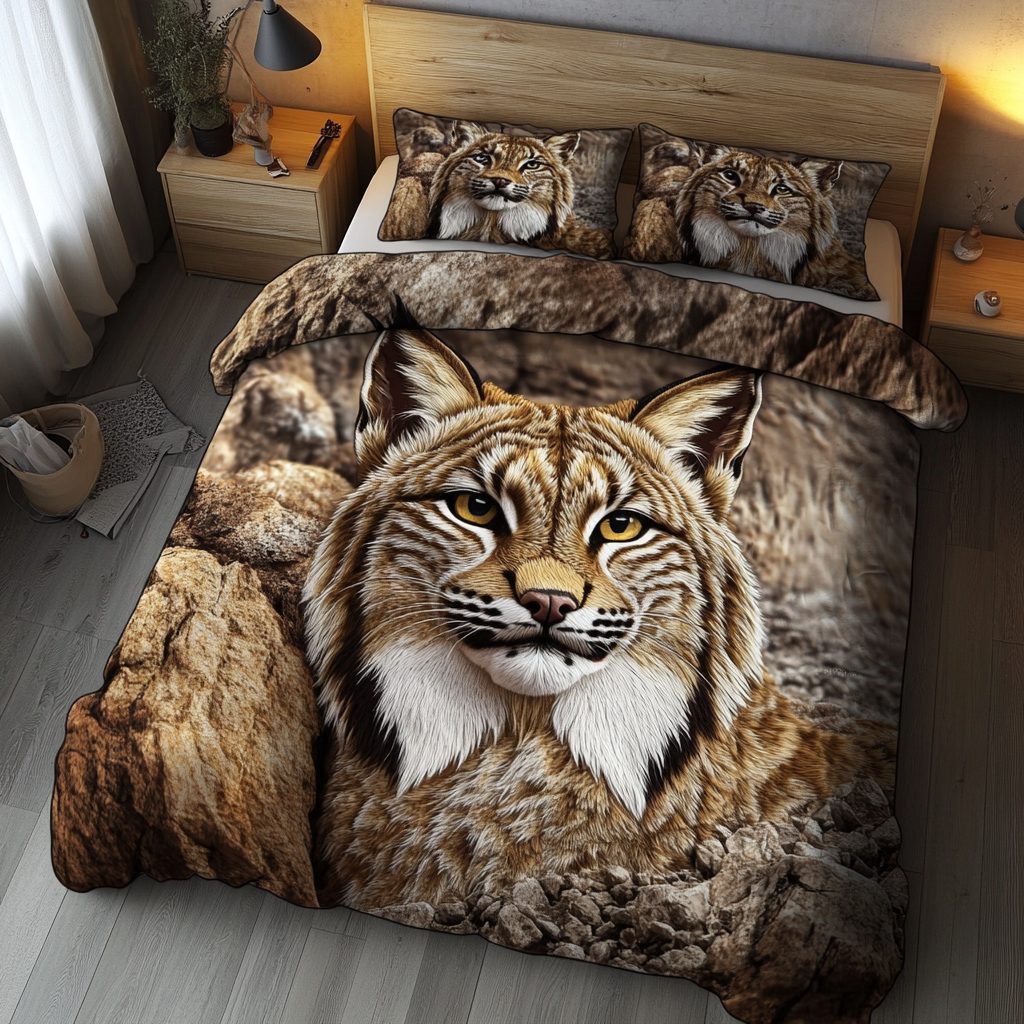 Silent Prowler quilted 3-piece bedding set on a made bed with two matching pillow shams