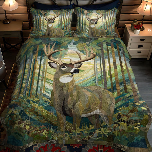 Silent Pursuit quilted 3-piece bedding set on a made bed with two matching pillow shams