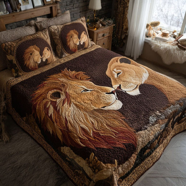 Silent Roar of Love quilted 3-piece bedding set on a made bed with two matching pillow shams