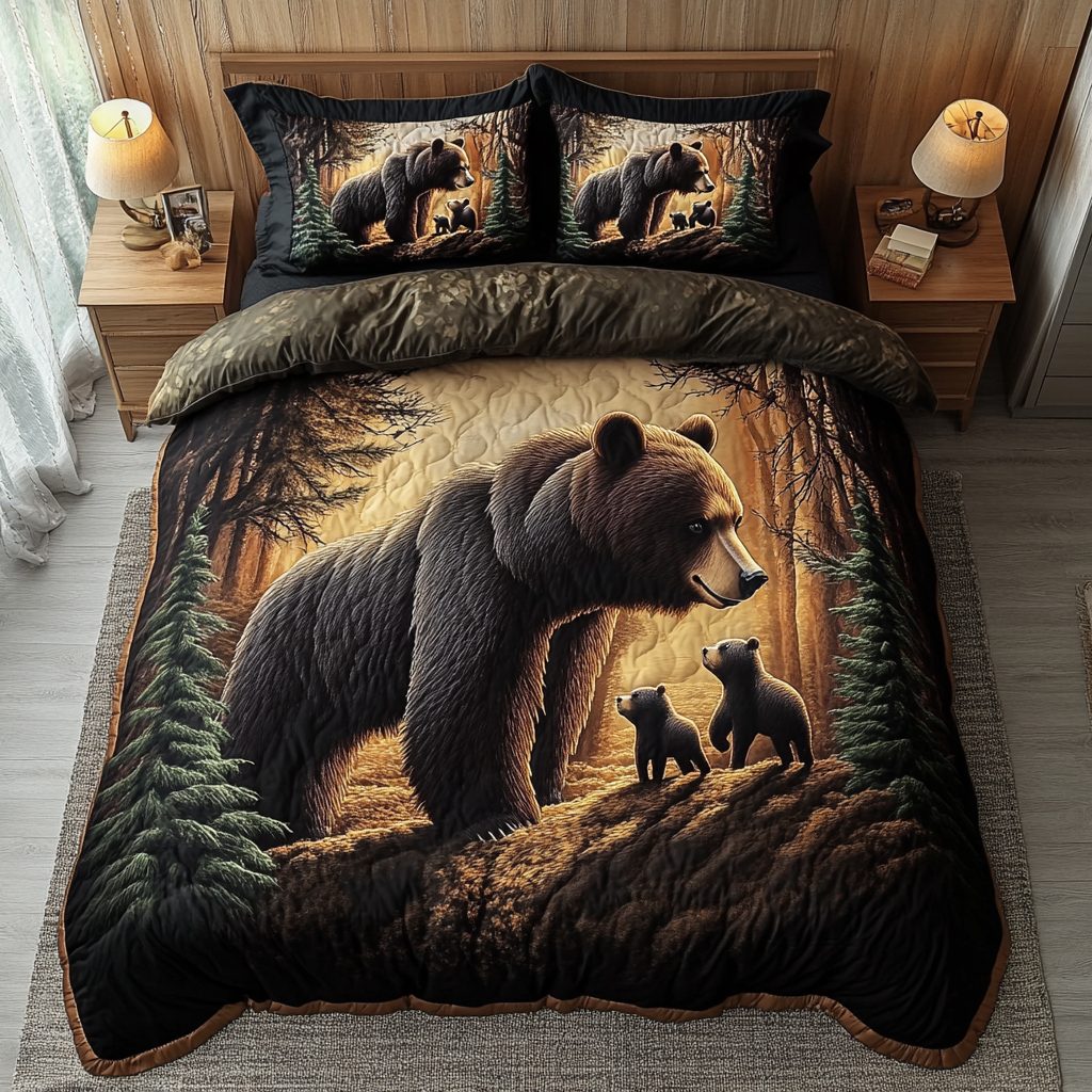 Silent Roar quilted 3-piece bedding set on a made bed with two matching pillow shams