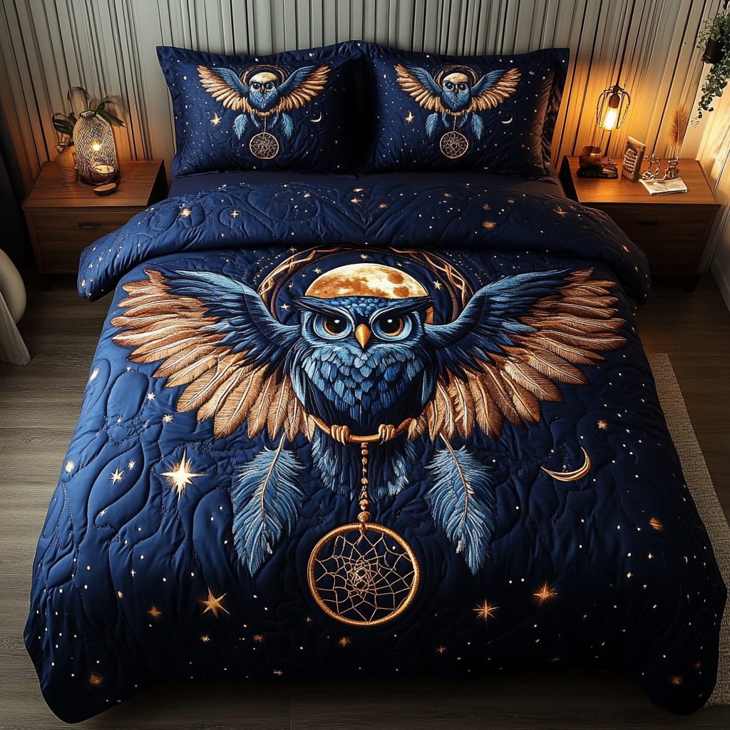 Silent Sentinel quilted 3-piece bedding set on a made bed with two matching pillow shams