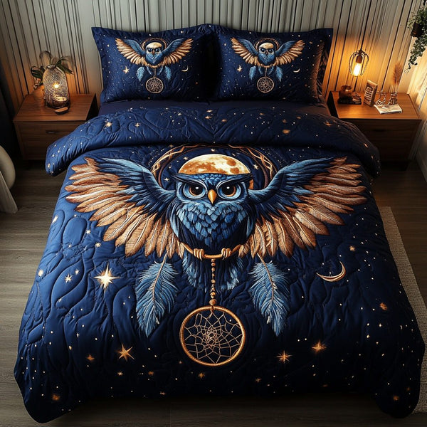 Silent Sentinel quilted 3-piece bedding set on a made bed with two matching pillow shams