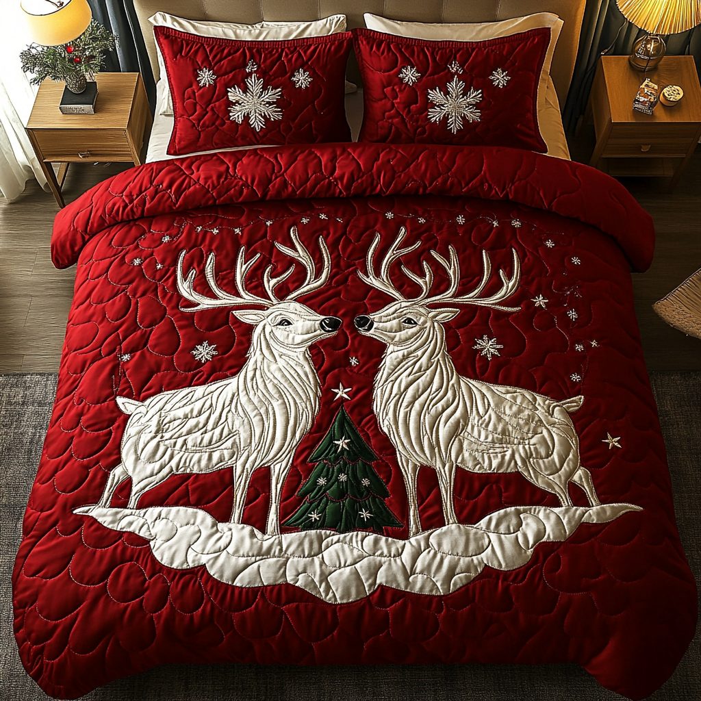 Silent Sleigh quilted 3-piece bedding set on a made bed in a winter-styled bedroom