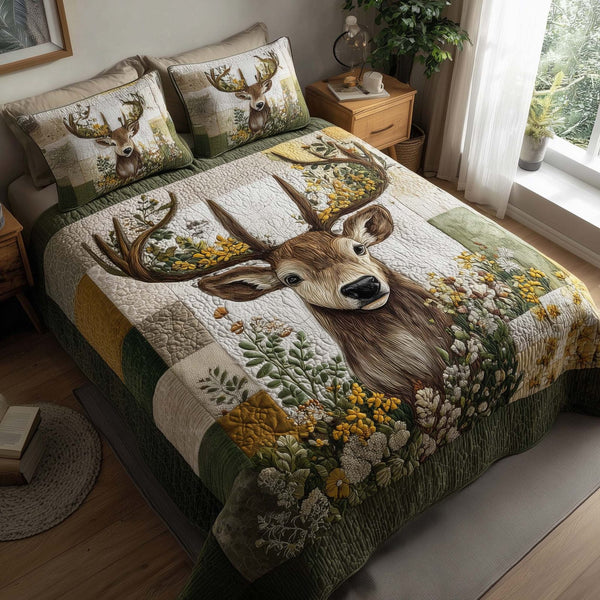 Silent Stag quilted 3-piece bedding set on a made bed with two matching pillow shams
