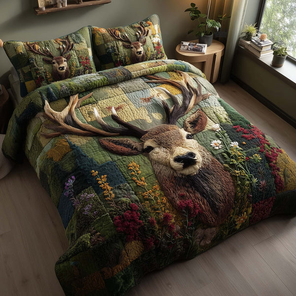 Silent Stag quilted 3-piece bedding set on a made bed with two matching pillow shams