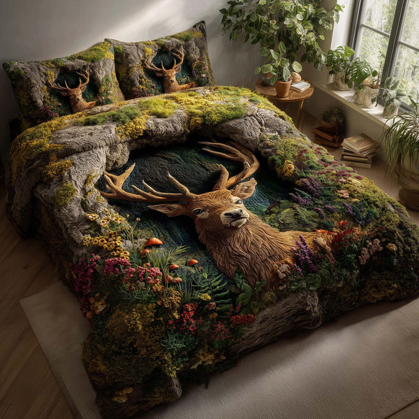 Silent Stag quilted 3-piece bedding set on a made bed with two matching pillow shams