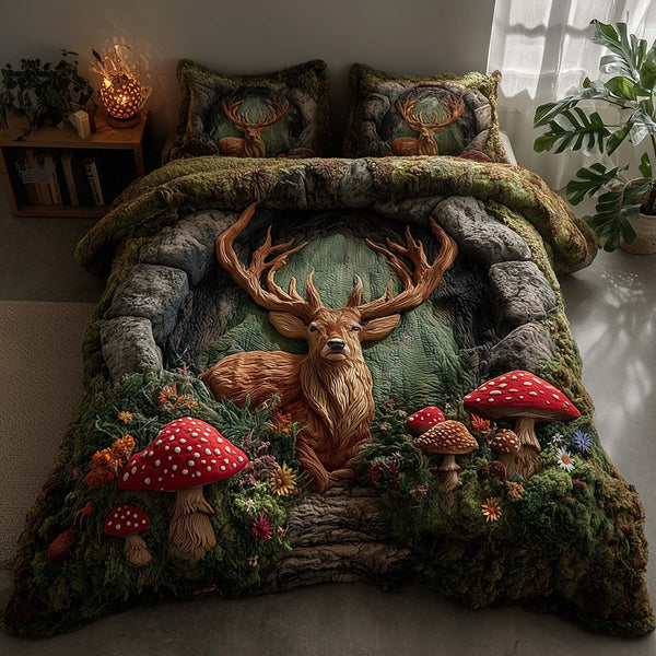 Silent Stag quilted 3-piece bedding set on a made bed with two matching pillow shams