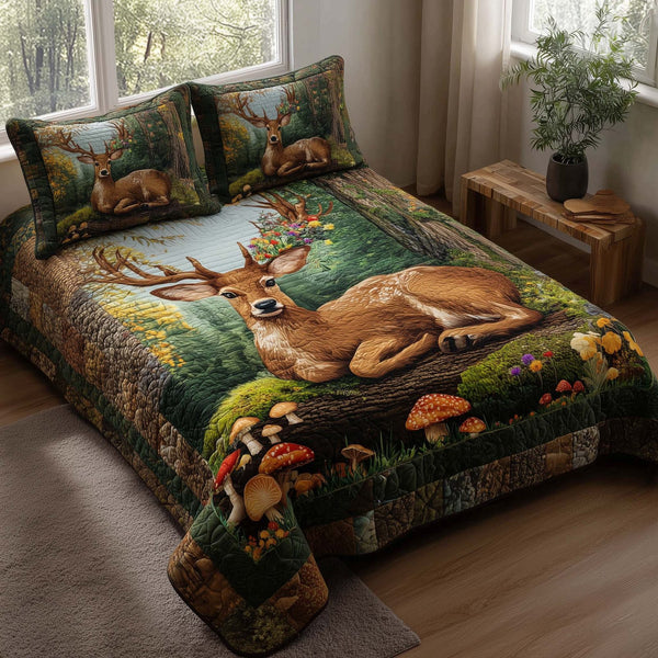 Silent Stag quilted 3-piece bedding set on a made bed with two matching pillow shams