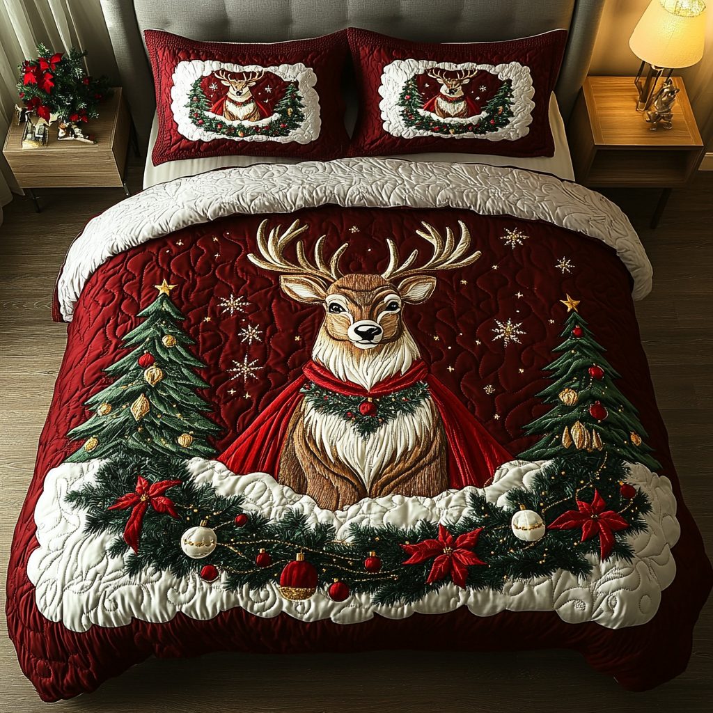 Silent Stag quilted 3-piece bedding set on a made bed with two matching pillow shams