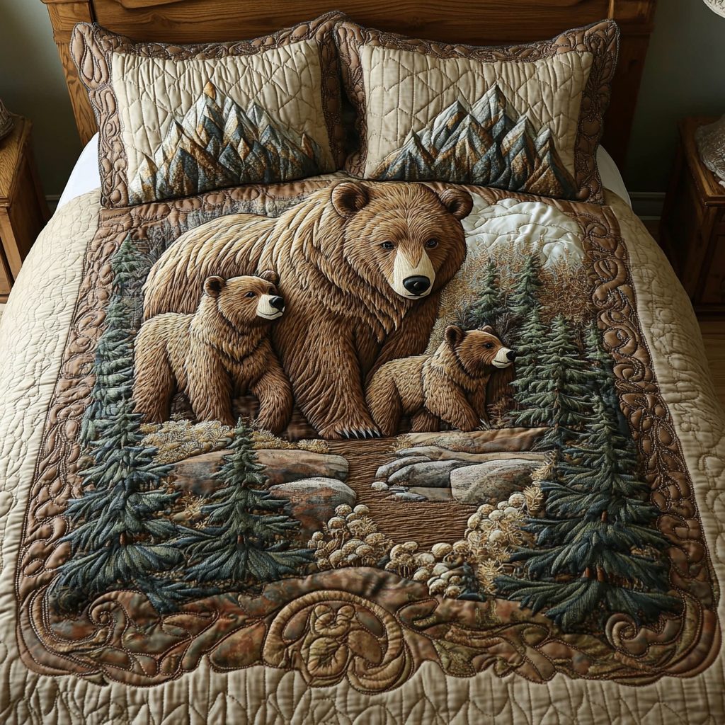 Silent Stalker quilted 3-piece bedding set on a made bed with two matching pillow shams