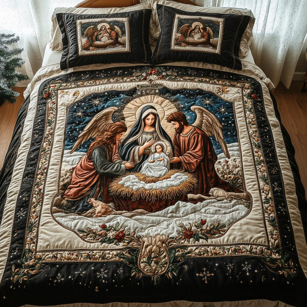 Silent Star quilted 3-piece bedding set on a made bed with two matching pillow shams