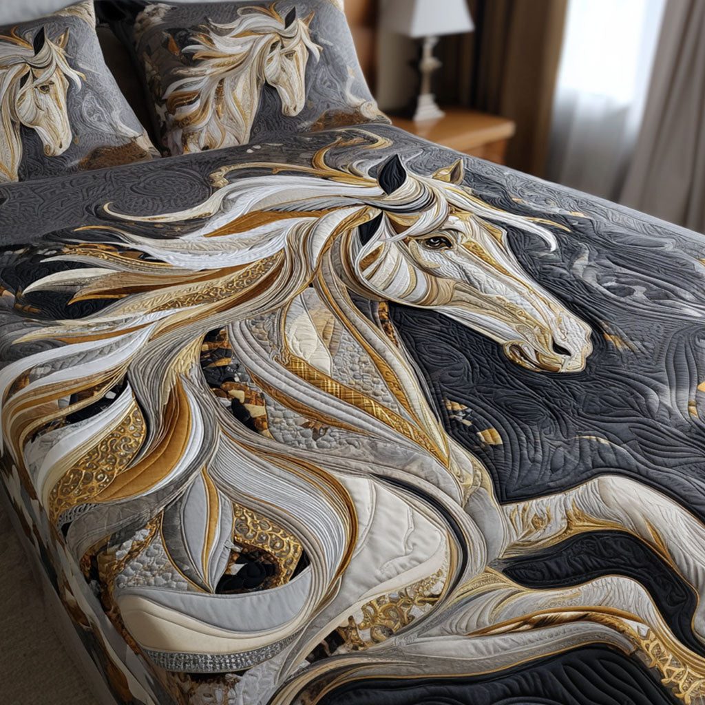 Silent Strength quilted 3-piece bedding set on a made bed with two matching pillow shams
