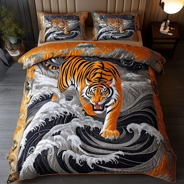 Silent Tiger quilted 3-piece bedding set on a made bed with two matching pillow shams