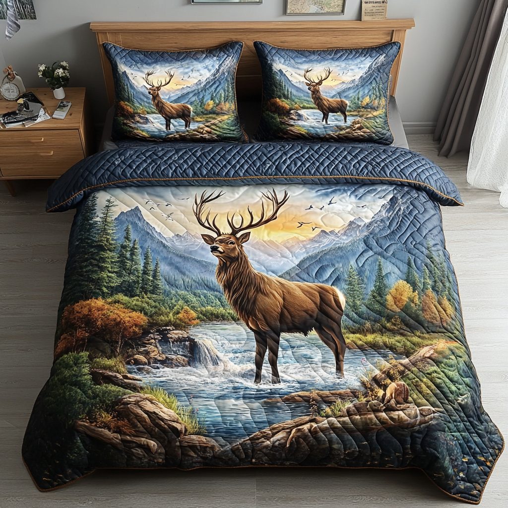Silent Trail quilted 3-piece bedding set on a made bed with two matching pillow shams