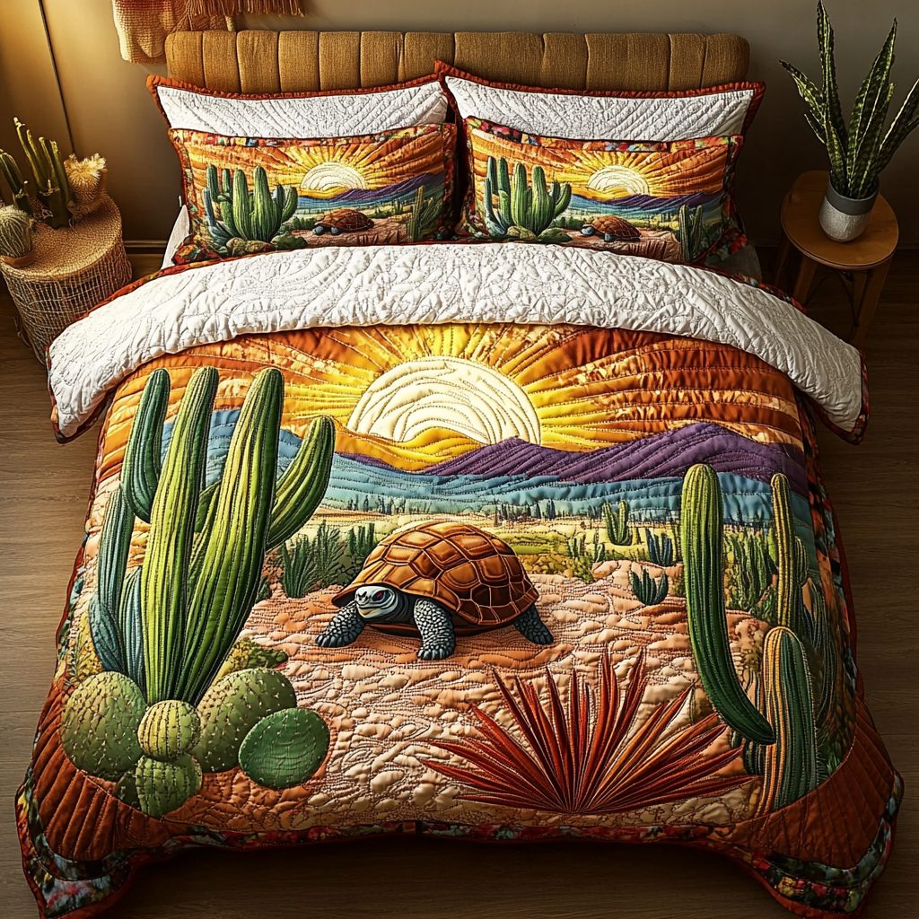 Silent Traveler quilted 3-piece bedding set on a made bed with two matching pillow shams