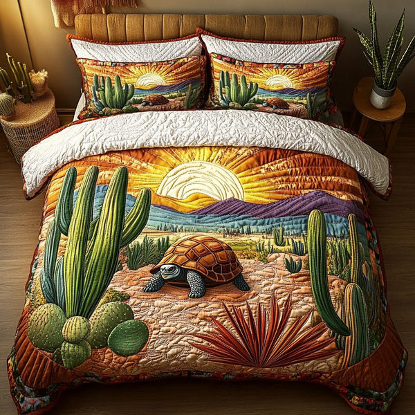 Silent Traveler quilted 3-piece bedding set on a made bed with two matching pillow shams