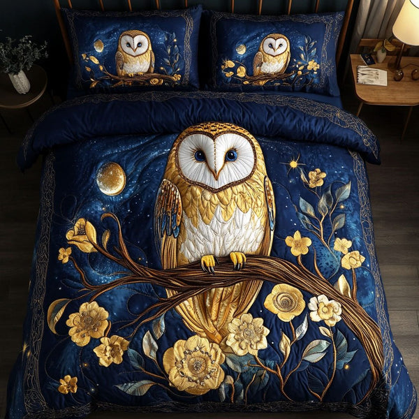 Silent Watcher quilted 3-piece bedding set on a made bed with two matching pillow shams