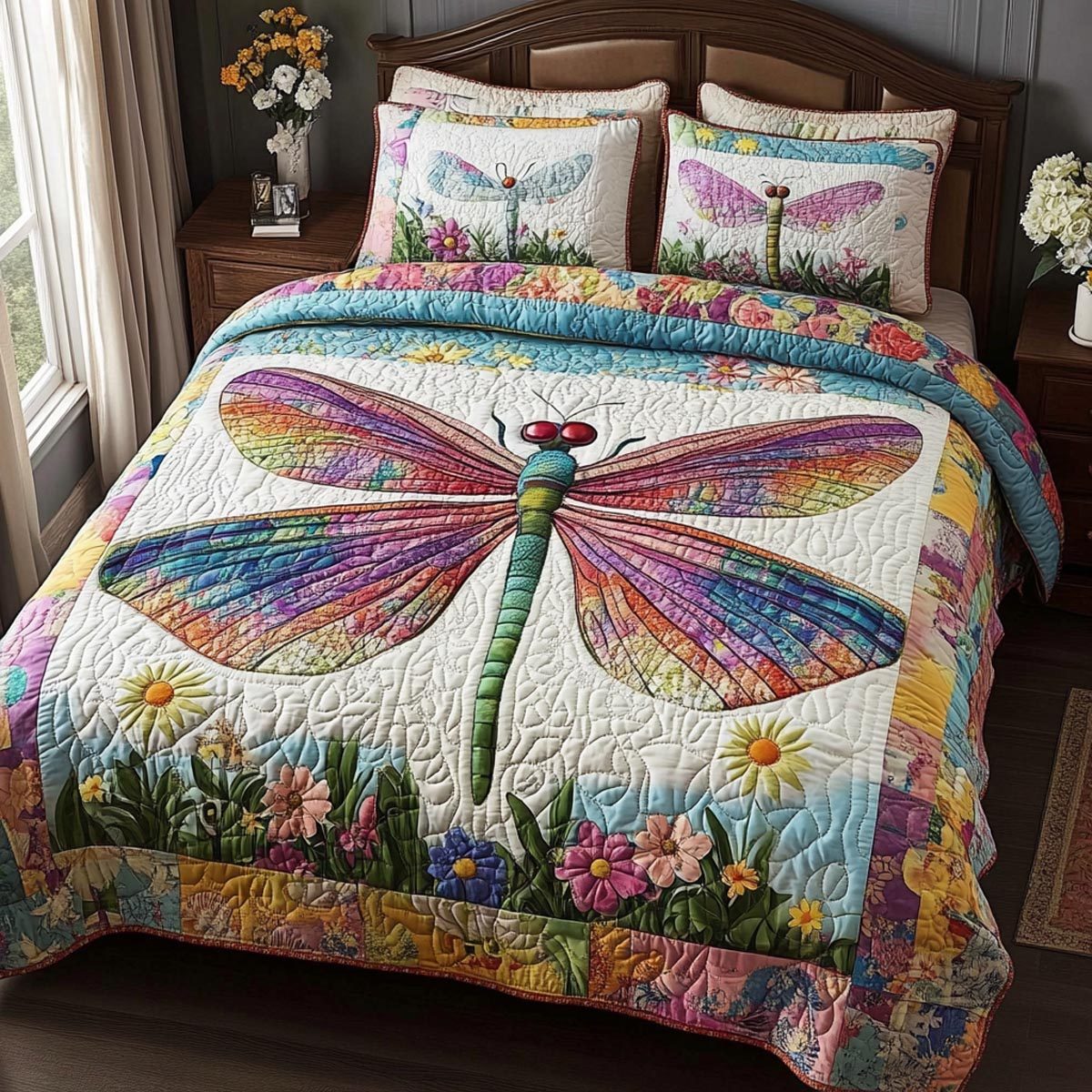 Silent Wings quilted 3-piece bedding set on a made bed with two matching pillow shams