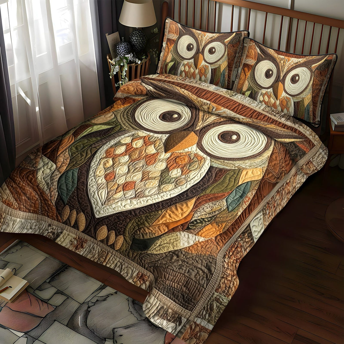 Silent Wings quilted 3-piece bedding set on a made bed with two matching pillow shams