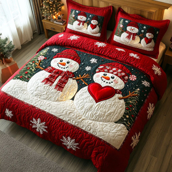 Silent Winter quilted 3-piece bedding set on a made bed in a winter-styled bedroom