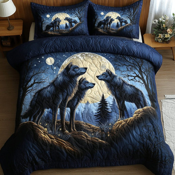 Silent Wolf quilted 3-piece bedding set on a made bed with two matching pillow shams