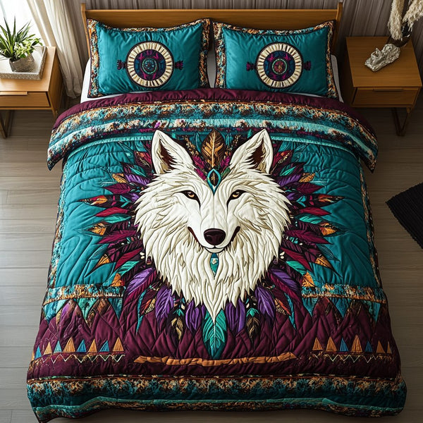 Silent Wolf quilted 3-piece bedding set on a made bed with two matching pillow shams