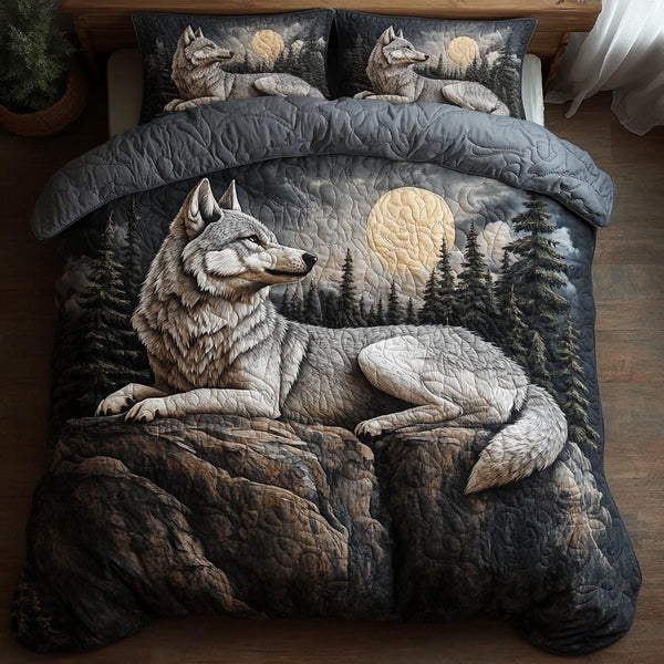 Silent Wolf quilted 3-piece bedding set on a made bed with two matching pillow shams