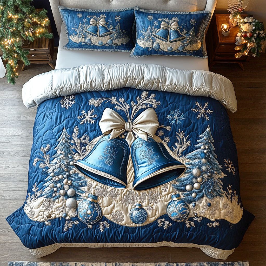 Silver Bell Frost quilted 3-piece bedding set on a made bed in a winter-styled bedroom