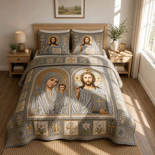 Silver Byzantine Christ And Theotokos Icon quilted 3-piece bedding set on a made bed in a softly lit bedroom