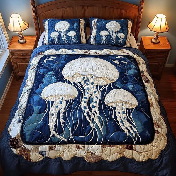 Silver Flow quilted 3-piece bedding set on a made bed with two matching pillow shams
