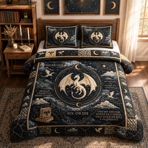 Silver Moon Dragon quilted 3-piece bedding set on a made bed with two matching pillow shams