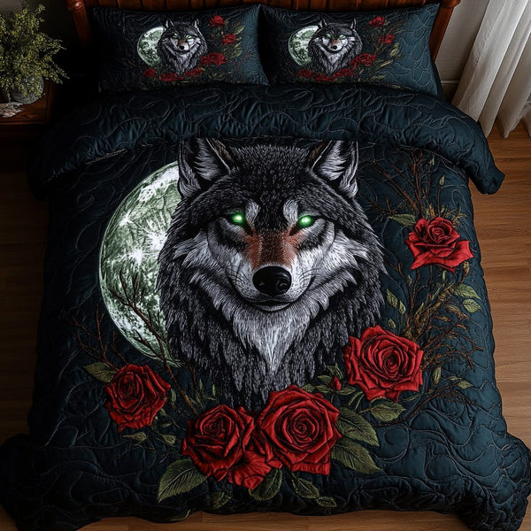Silver Moon Wolf quilted 3-piece bedding set on a made bed with two matching pillow shams