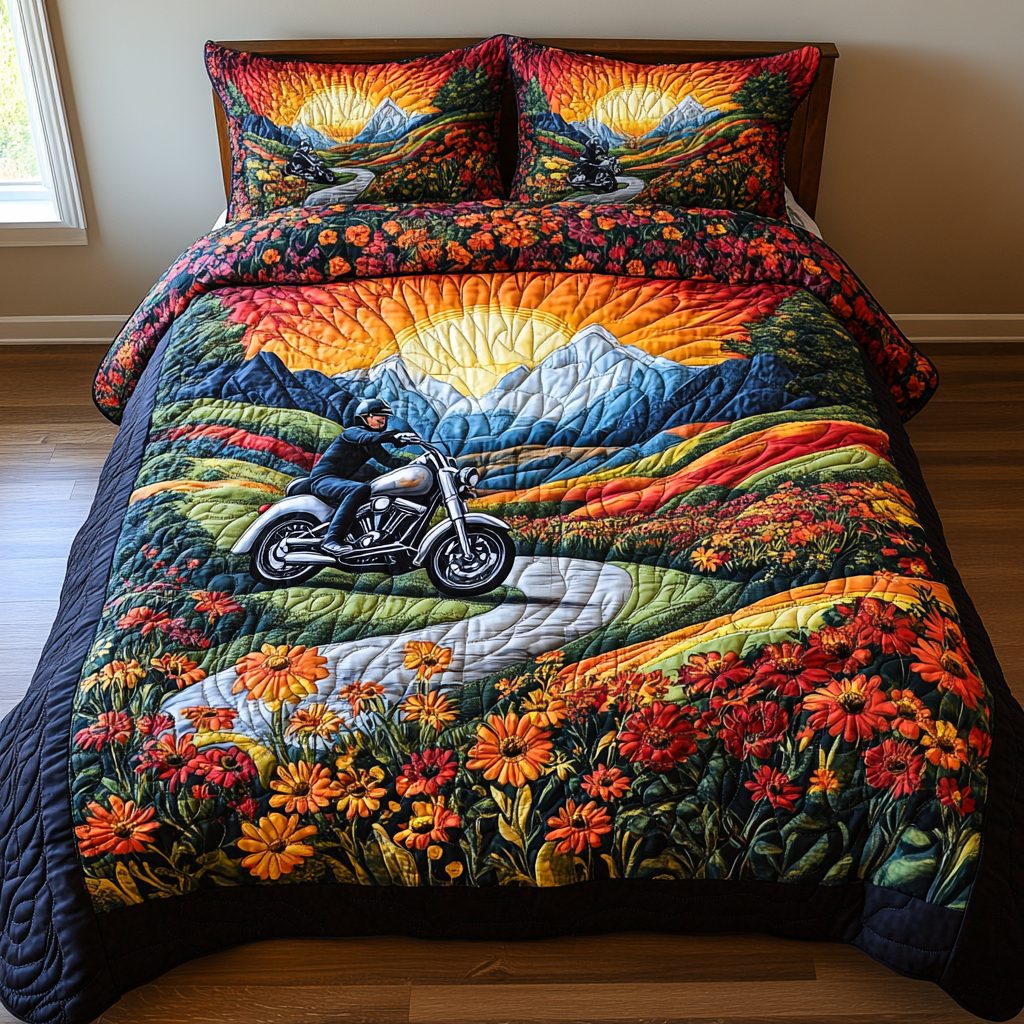 Silver Motorcycle Adventure quilted 3-piece bedding set on a made bed in a winter-styled bedroom