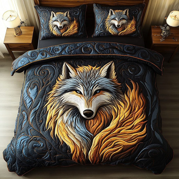 Silver Prowl quilted 3-piece bedding set on a made bed with two matching pillow shams