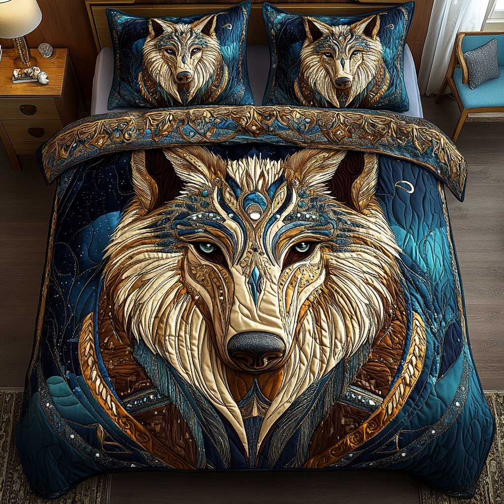 Silver Prowl quilted 3-piece bedding set on a made bed with two matching pillow shams