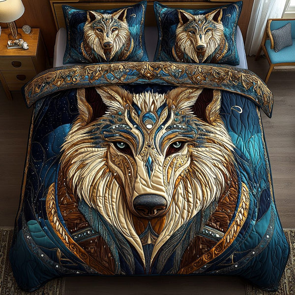 Silver Prowl quilted 3-piece bedding set on a made bed with two matching pillow shams