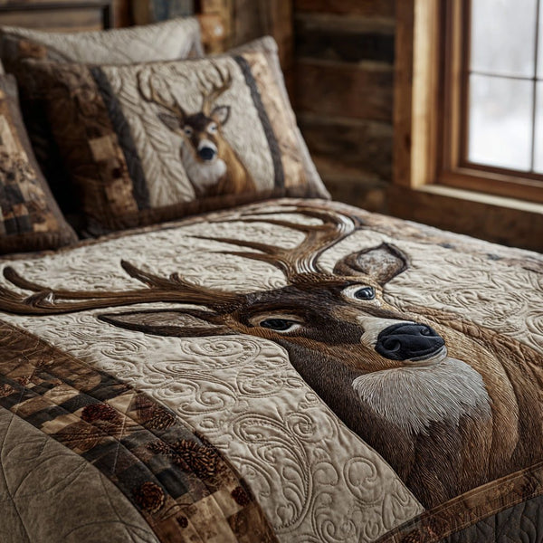 Silver Ridge Deer quilted 3-piece bedding set on a made bed with two matching pillow shams
