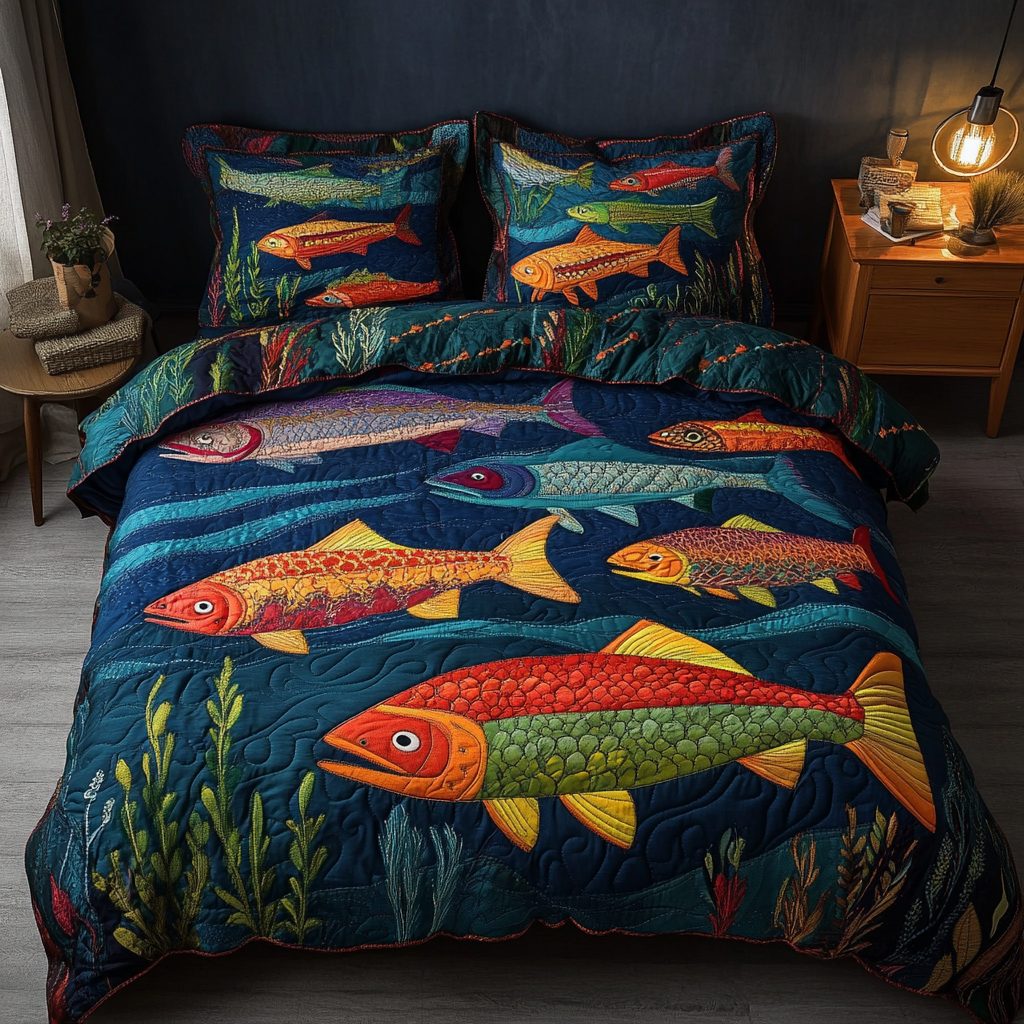 Silver Salmon quilted 3-piece bedding set on a made bed with two matching pillow shams