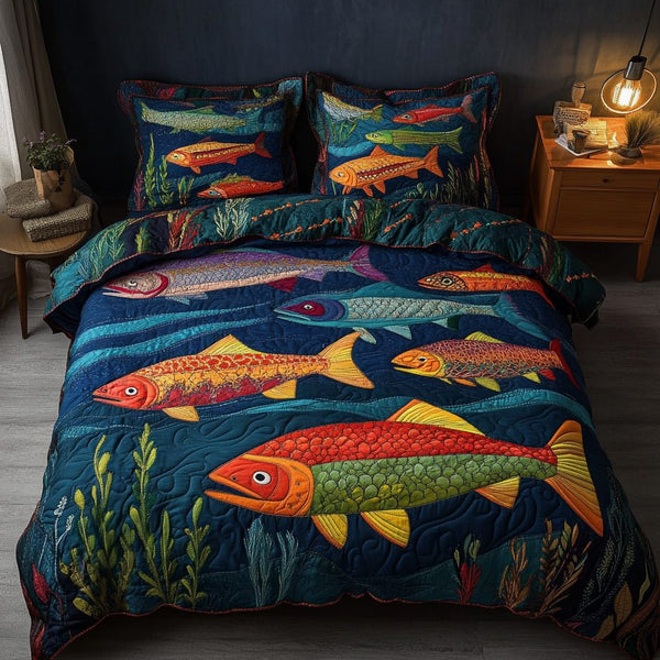Silver Salmon quilted 3-piece bedding set on a made bed with two matching pillow shams
