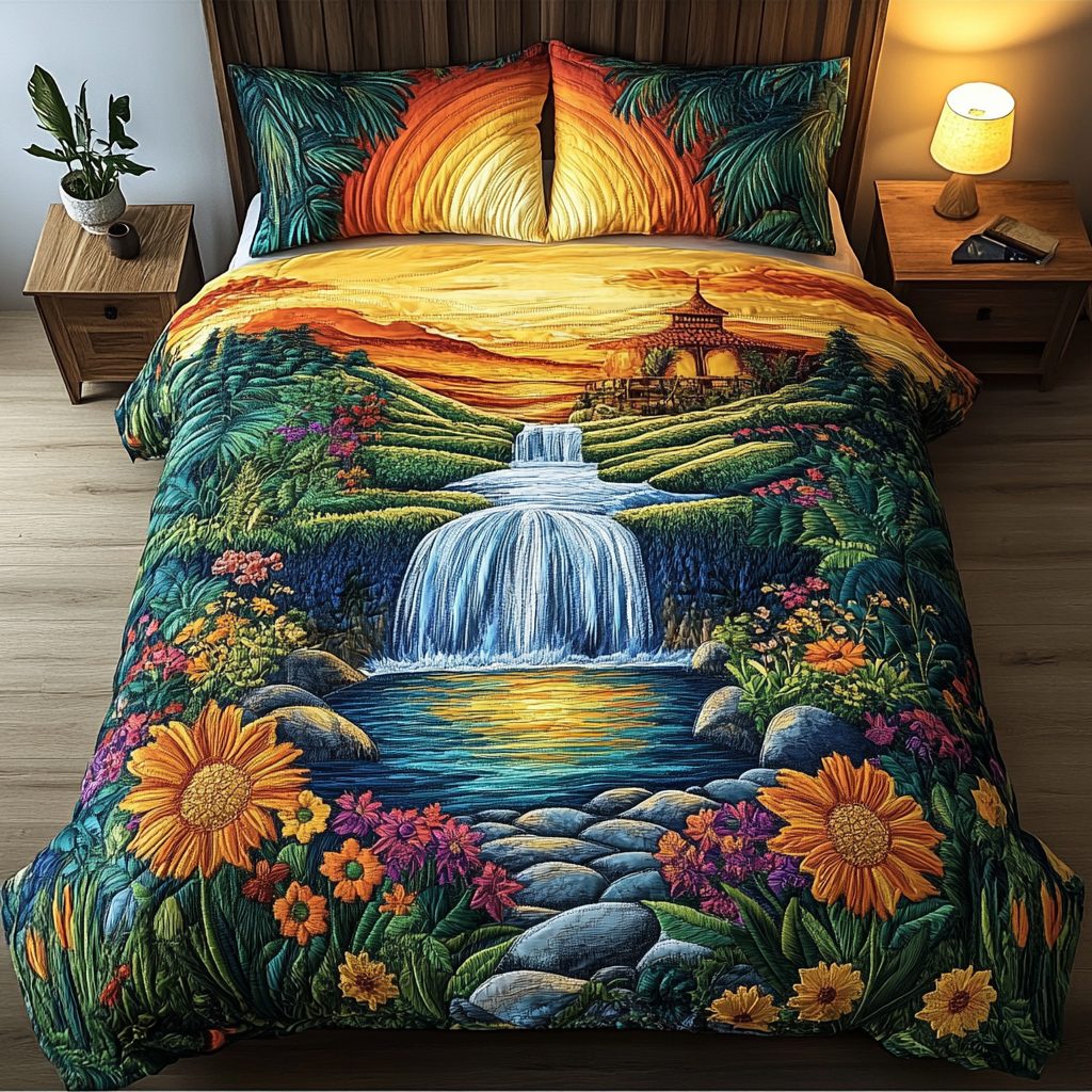 Silver Stream quilted 3-piece bedding set on a made bed with two matching pillow shams