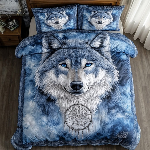 Silver Wolf quilted 3-piece bedding set on a made bed with two matching pillow shams