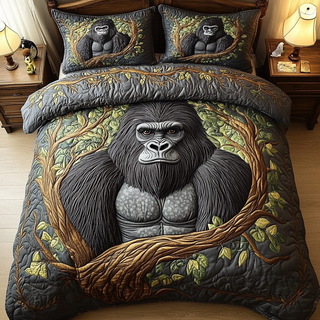 Silverback Strength quilted 3-piece bedding set on a made bed with two matching pillow shams