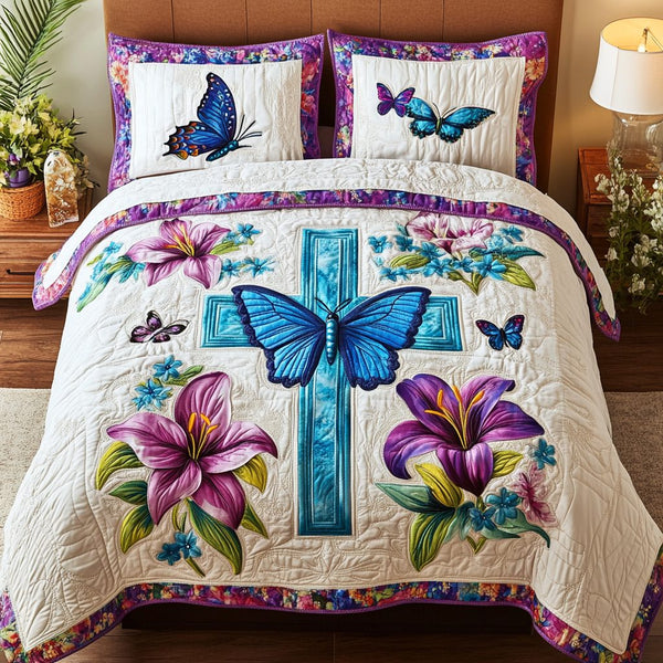 Simple Cross quilted 3-piece bedding set on a made bed in a softly lit bedroom
