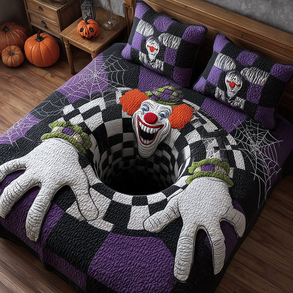 Sinister Clown quilted 3-piece bedding set on a made bed with two matching pillow shams
