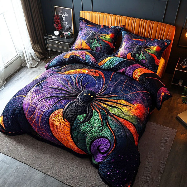 Sinister Path quilted 3-piece bedding set on a made bed with two matching pillow shams