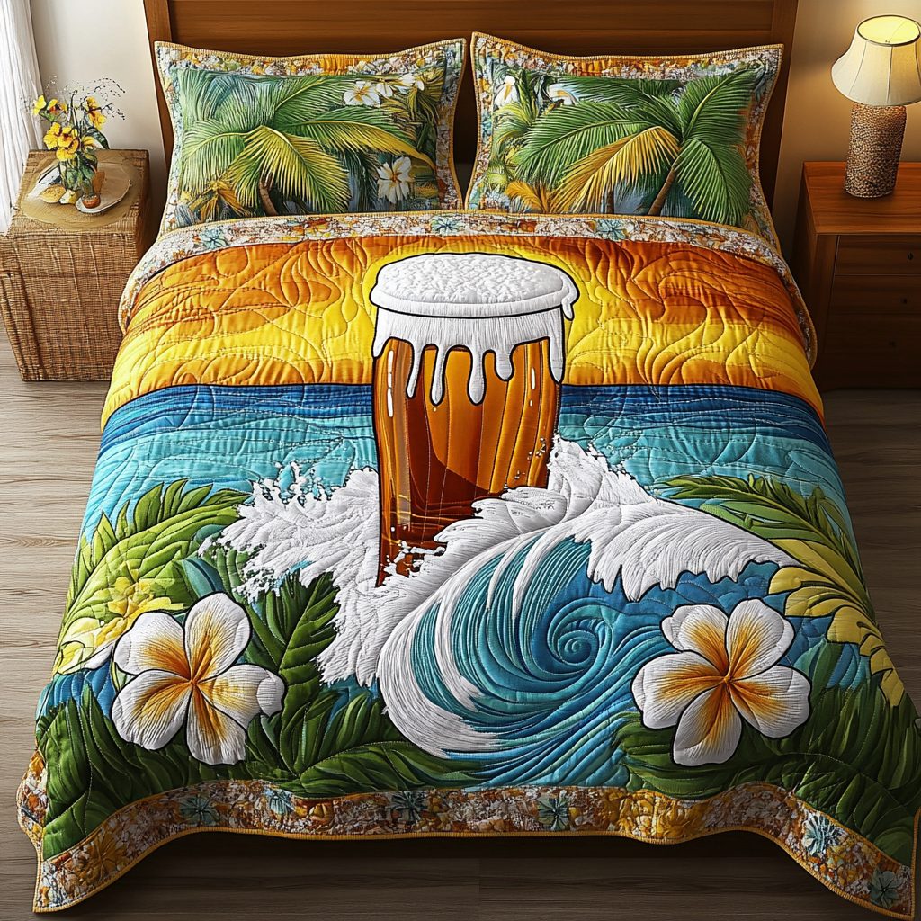 Sip by Sea quilted 3-piece bedding set on a made bed in a light coastal bedroom
